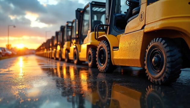 Row of yellow forklifts parked on wet asphalt during sunset. Sun reflects on wet ground creating dramatic warm light, shadows. Industrial vehicles await work at dusk. Logistics, transport,
