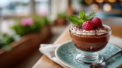 An enticing chocolate dessert served with fresh raspberries and mint leaves, capturing the essence of indulgence, luxury, and sophistication in the realm of culinary arts.