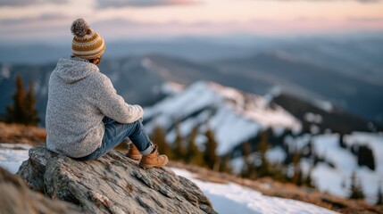 A person sitting quietly on a rock, overlooking breathtaking snow-capped mountains, experiencing the tranquility of nature during a stunning sunset with soft colors.