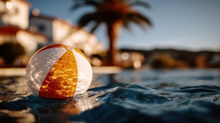 A vibrant beach ball drifts peacefully on the water's surface, capturing the warm glow of sunlight and evoking feelings of summer fun and relaxation by the pool.