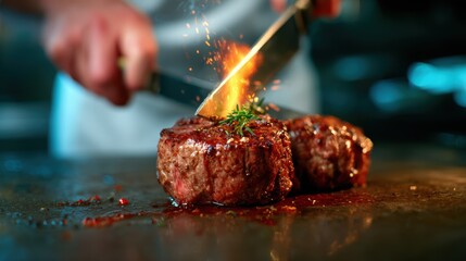 An enticing image of perfectly seared steaks being skillfully prepared, highlighting the culinary arts and the passion involved in cooking gourmet meals.