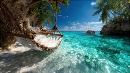 A serene beach scene featuring a beautifully hung hammock over crystal-clear waters, inviting relaxation and escape to a peaceful and rejuvenating getaway.