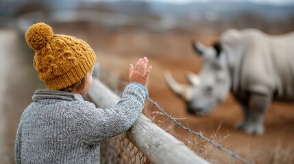 A child wearing a cozy hat watches a majestic rhinoceros at the zoo, capturing the wonder of nature, wildlife, and the innocence of childhood curiosity in a serene ambiance.
