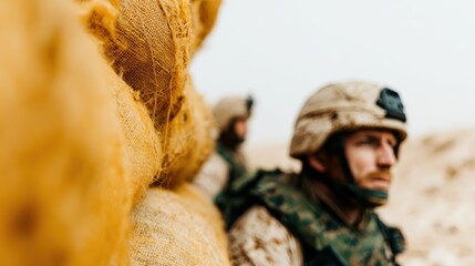 Two soldiers, focused and contemplative, take a moment to pause behind protective sandbags, symbolizing resilience, duty, and the solemnity of their mission.