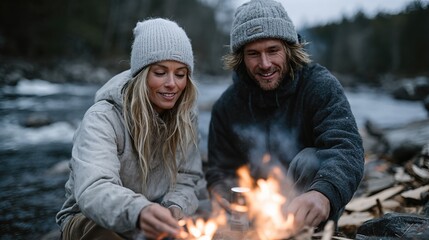 A happy couple sits by a crackling fire on a riverside, immersed in nature, highlighting warmth, connection, and the simple joys of spending time together outdoors in tranquility.