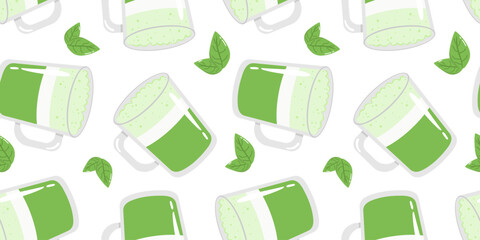 green tea beverage background doodle style fresh caffeine drink textile digital paper healthy lifestyle japanese traditional cup repeat surface graphic design