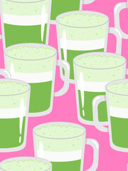 vibrant green matcha tea lattes mugs illustration repeating wallpaper texture aesthetic background healthy trendy drink graphic food poster