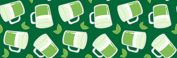 matcha latte seamless pattern green wallpaper background glass mugs tea leaves healthy drink cafe menu banner print web design packaging