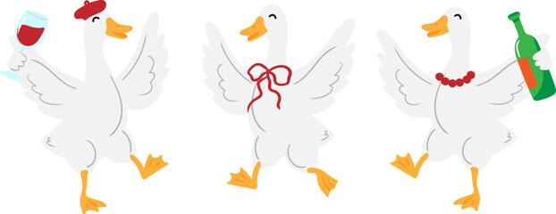 vector drunk goose collection dancing animals with alcohol beverages whimsical cartoon elements for sticker badge party decoration print design holiday card