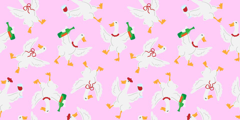 goose girls drink alcohol repeat wallpaper print pink background bizarre humor illustration celebration bird drawing quirky animal design
