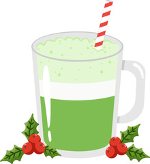 matcha latte green christmas cocktail glass mug striped straw holly berries and leaves festive winter holiday drink vector illustration isolated