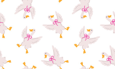seamless pattern cute dancing geese girls wearing bright pink bows childish drawn illustration wallpaper fabric print nursery baby clothes kids decor