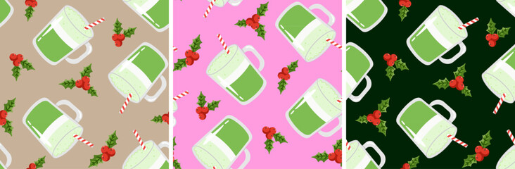 matcha christmas drink seamless pattern set holiday background holly berry and coffee cup illustration winter season repeat design festive tea
