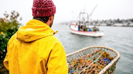 Obraz premium A focused fisherman in a yellow raincoat gazes intently at a boat navigating through snowy waters, embodying resilience and dedication amidst challenging weather conditions.