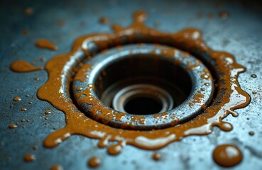 Dirty metal sink drain clogged with thick brown grease and oil residue. Close-up shot shows grime buildup around the drain hole and splatters on the basin surface. Plumbing issue or neglect.