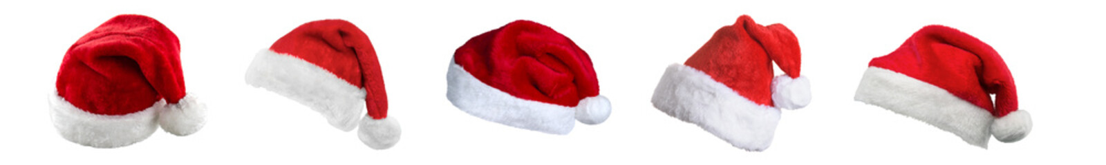 PNG image of Five classic red and white plush santa claus hats set isolated on transparent background. Perfect for Christmas and New Year celebration designs.