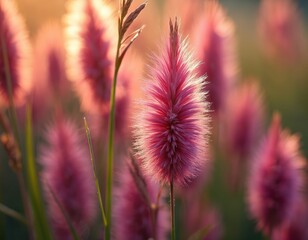 Obraz premium Pink fluffy grass plumes gently sway in soft sunset light creating a peaceful natural scene. Delicate wildflowers with feathery heads. Beauty in nature detail.