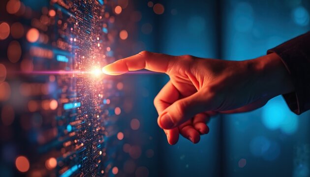 Hand finger touches glowing data stream. Digital information and network interface visualized. Future tech and AI interaction concept art. Cybernetic connection glows bright. - Powered by Adobe