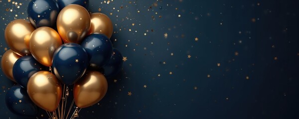Gold and navy blue balloons float against a dark blue backdrop sprinkled with gold stars. The celebratory arrangement suggests a festive occasion or special event.