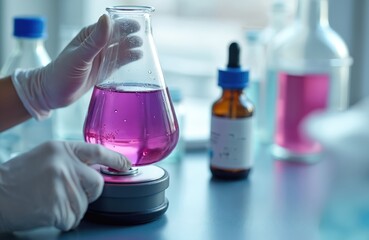 Hands in gloves hold flask with purple liquid, scientist mixes solution for titration. Laboratory work with glassware, bottles and pipettes on table.