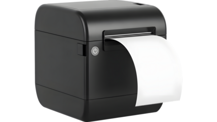 A modern black thermal receipt printer with paper coming out for point of sale