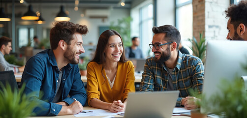 Diverse team collaborates happily in modern office. Coworkers talk, laugh, share ideas at desk. People work together on project, digital work environment. Business growth and team spirit.