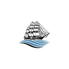 large sailing ship and sea waves icon flat vector design.
