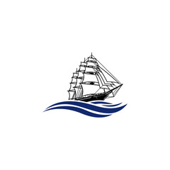 large sailing ship and sea waves icon flat vector design.