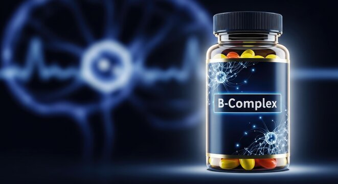 Bottle of B Complex vitamins with colorful capsules, against a dark background showing a blue glowing abstract brain structure and electrical pulse waves, representing neural health