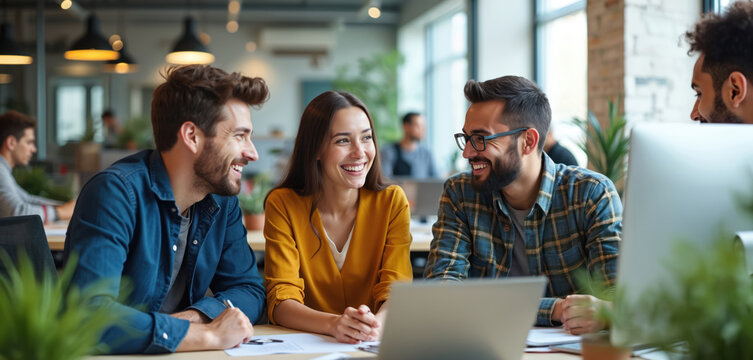 Diverse team collaborates happily in modern office. Coworkers talk, laugh, share ideas at desk. People work together on project, digital work environment. Business growth and team spirit. - Powered by Adobe