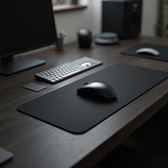 Minimalist black desk setup with computer mouse and keyboard on a wooden table. Modern workspace with monitor and accessories. Clean office environment for remote work.
