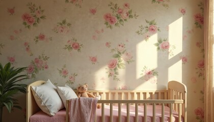 Interior view of a nursery with a floral wallpaper pattern. A crib with bedding and pillows sits near a window, with soft sunlight creating shadows on the wall. A teddy bear rests in the crib.