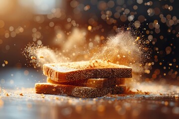 The mesmerizing image captures fresh brown bread loaves with airborne flour, creating a dynamic expression of baking artistry and the joy of food preparation.