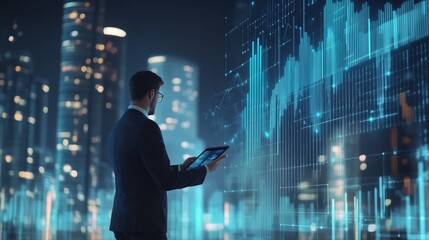 Futuristic businessman holding tablet with glowing city hologram and rising growth line, symbolizing digital business success.
