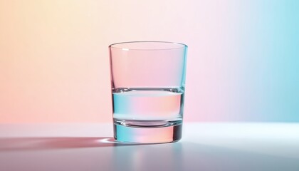 Clear glass half full with water sits on white surface. Soft pastel gradient background of pink and blue hues. Minimalist still life studio photo.