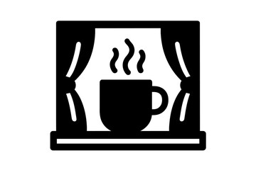 Cozy morning scene featuring a steaming hot drink mug on a windowsill framed by curtains