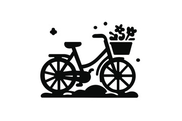 Stylized black silhouette of a vintage bicycle with a basket full of spring flowers