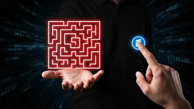 AI finding a solution to a complex maze hologram. Problem-solving concept