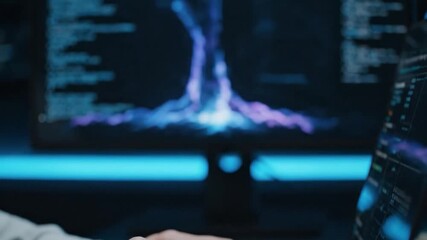 Code being typed on a laptop transforms into a holographic data tree - Powered by Adobe