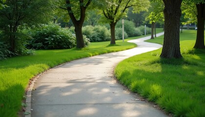 Obraz premium Curving concrete pathway winds through rich green parkland with mature trees and manicured lawns. This accessible route invites peaceful strolls in natural beauty and serene outdoor ambiance.