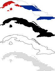 Set of four cuba map outlines and filled shapes, including one filled with the cuban flag colors, isolated on white background