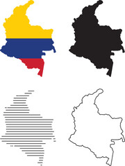 Set of four colombia map outlines colored flag, solid black silhouette, horizontal lines pattern, and simple white outline