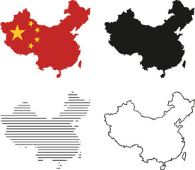 Set of four icons representing the map of china colored with the national flag, solid black silhouette, horizontal lines pattern, and outline drawing