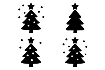Set of four simple black Christmas trees decorated with stars and snow symbols