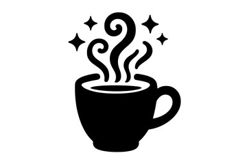 Steaming hot beverage cup silhouette with swirling steam and sparkling stars