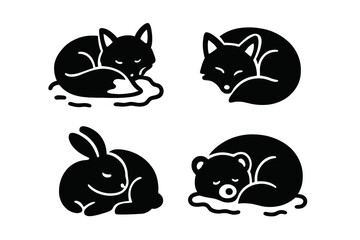 Black silhouettes of sleeping wild animals: fox, rabbit, and bear resting peacefully