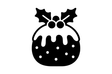 Black and white silhouette of a traditional Christmas pudding topped with holly berries and icing glaze