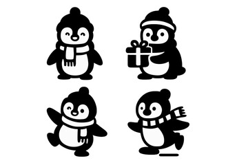 Set of four adorable cartoon penguins dressed in winter scarves and hats