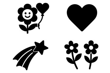 Simple black icons set featuring a happy flower with a heart balloon, a large heart, and a shooting star © PAPA STOCK