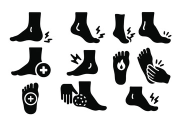 Common foot and ankle problems, pain, inflammation, injury, and recovery symbols